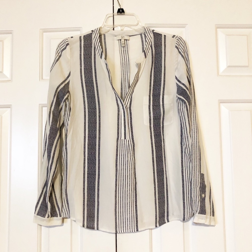 Joie 100% silk white & blue stripe top w/ pocket - Picture 2 of 7
